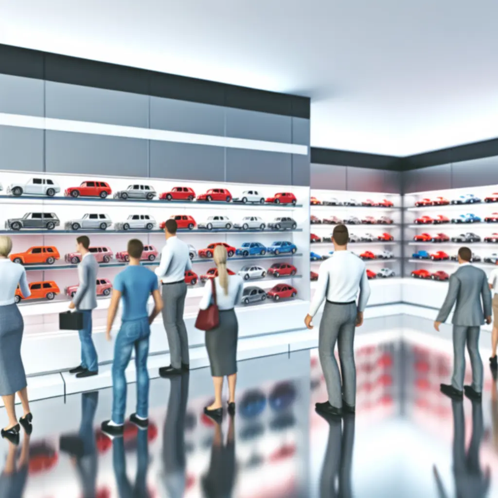 Zadowoleni klienci przeglądający kolekcję metalowych modeli aut w ToyGaragee